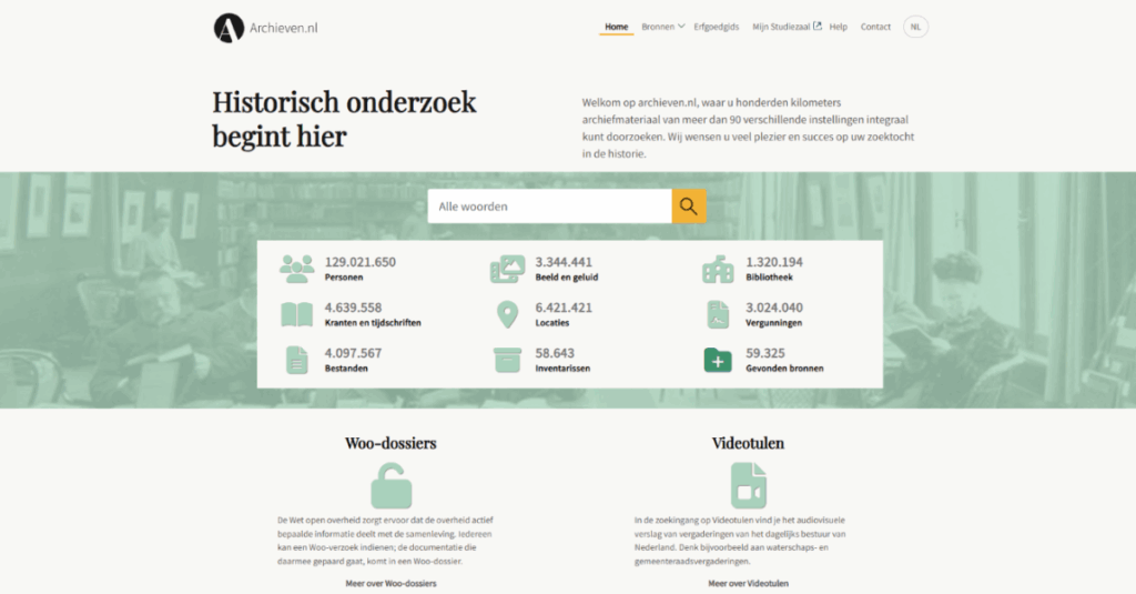 Screenshot van archieven.nl